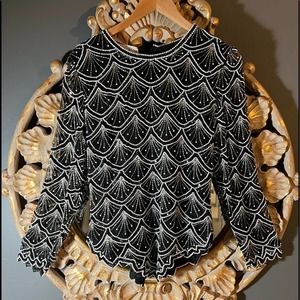 LAURENCE KAZAR VTG black white beaded top scallop designed sheer long sleeve M